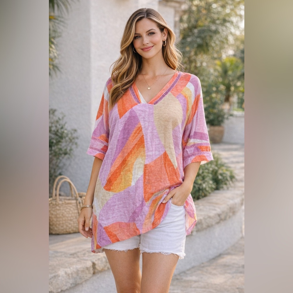 Boho Linen Tunic Top Multicolor Abstract Print V Neck Oversized L Chico’s